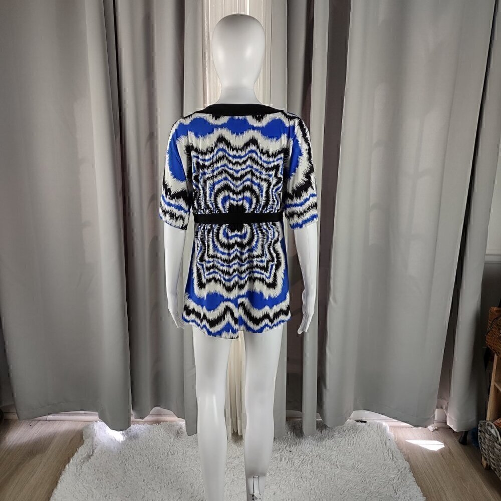 Nicole Miller Womens Patterned Kimono Sleeve Black Blue White Blouse Size M - Picture 3 of 11